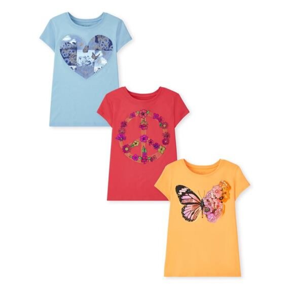 Girls Short Sleeve Butterfly Graphic Tee, 3-Pack, Sizes - Picture 1 of 4